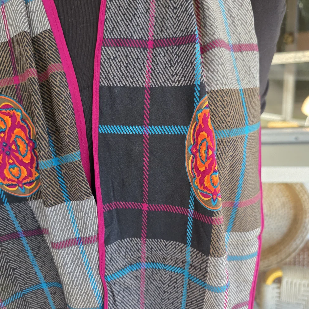 Vintage Silk Albert Nipon Plaid Scarf with Pink and Blue Accents Retro Boho